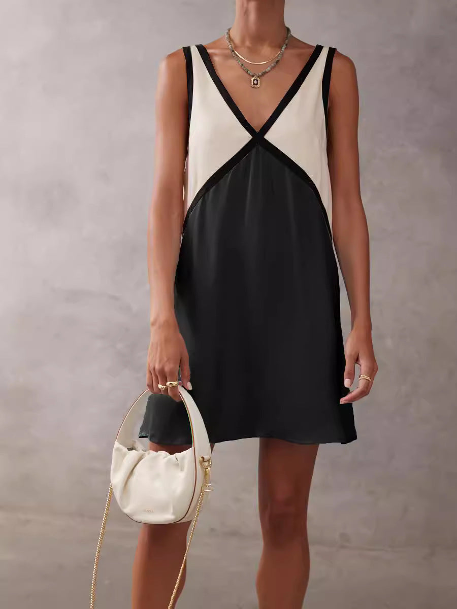 Women's V-neck Loose-fitting Sleeveless Shirt Color-matching Dress