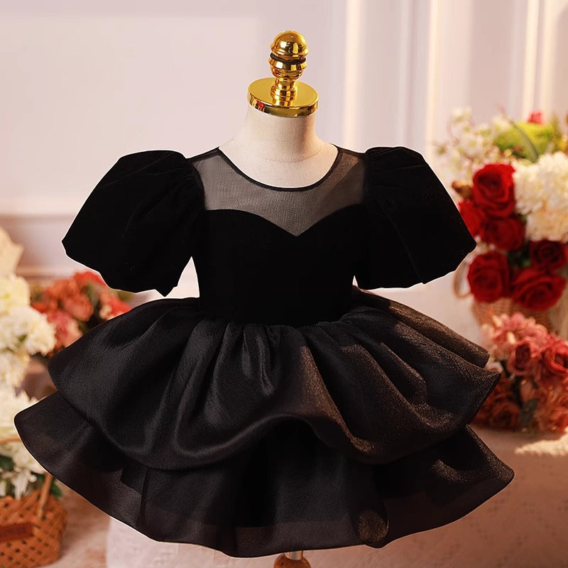 Children's Black French Style Puff Sleeve Princess Dress Summer Girls