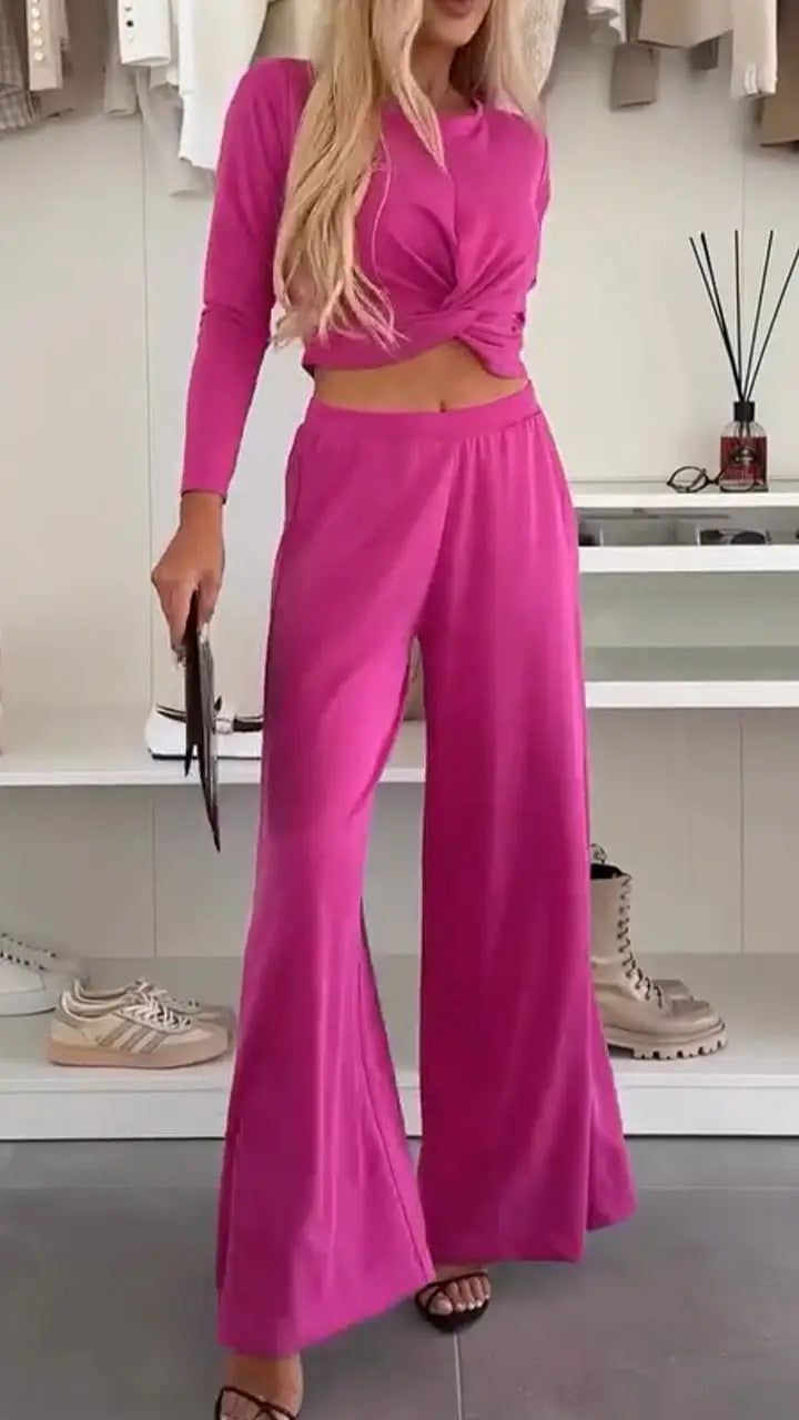 Solid Color O-neck Short Top T-shirt Wide Leg Pants Casual Suit