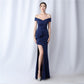 Female Solid Color Satin Off-shoulder Long Evening Dress