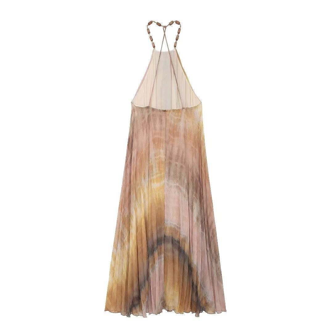 Robe plissée à col suspendu tie-dye pour femme
