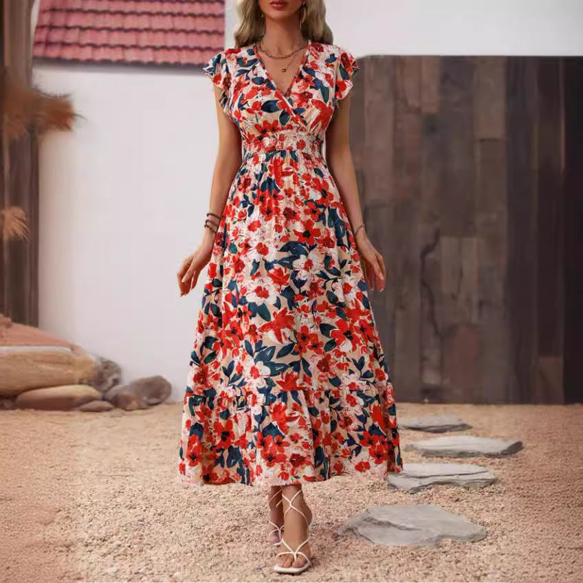 European And American V Neck Short Sleeve Dress