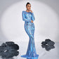 European And American High-end Long Sleeve Temperament Crew Neck Long Sequined Banquet Evening Dress