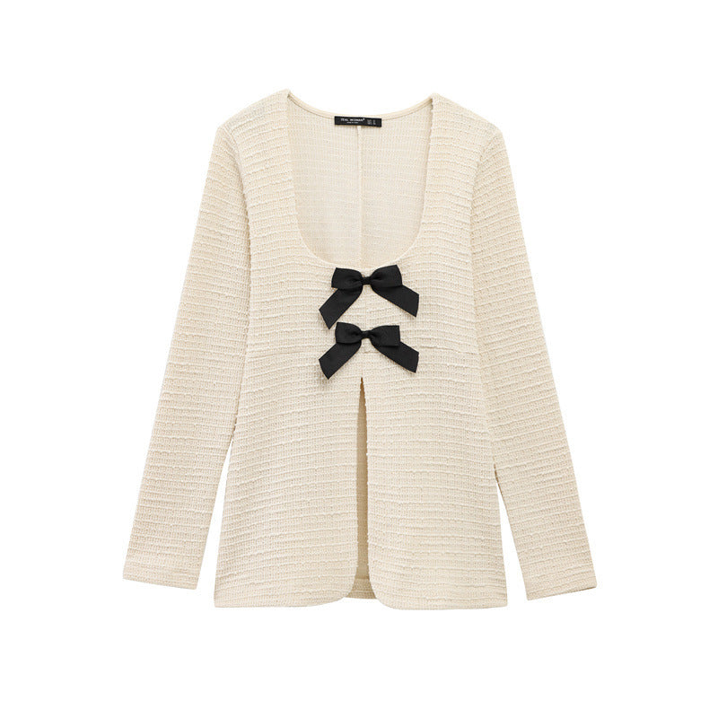 Bowknot Long-sleeved Top Bell-bottom Pants Long Pants Suit