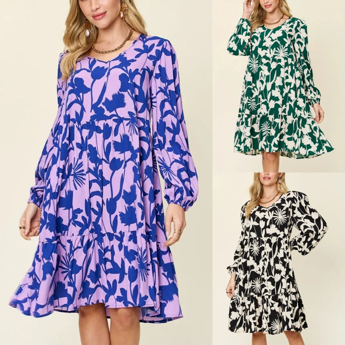 Robe décontractée imprimée à manches longues et col rond plissé