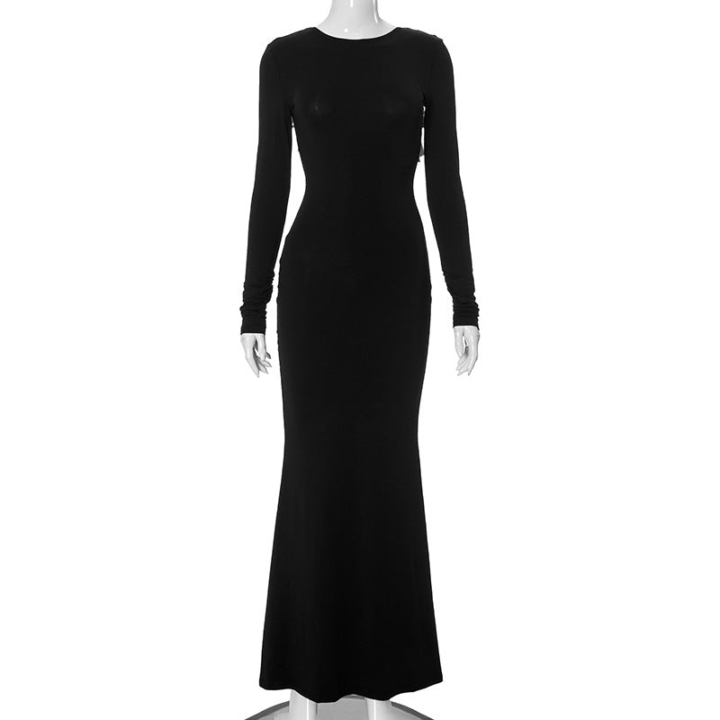 Backless Bow Long Sleeve Narrow Dress Women's Clothing