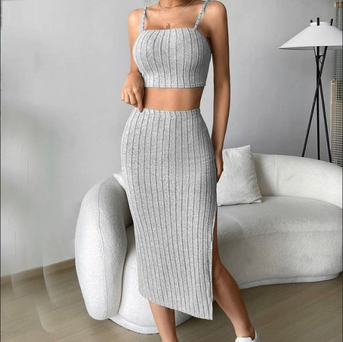 Women's Solid Color Stretch Tight Midriff-baring Camisole Hip Skirt Suit