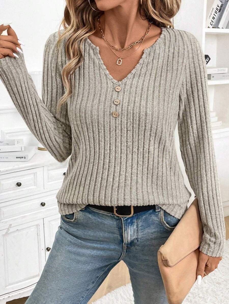 Knit Casual Sunken Stripe Autumn New V-neck Button Long Sleeve Top