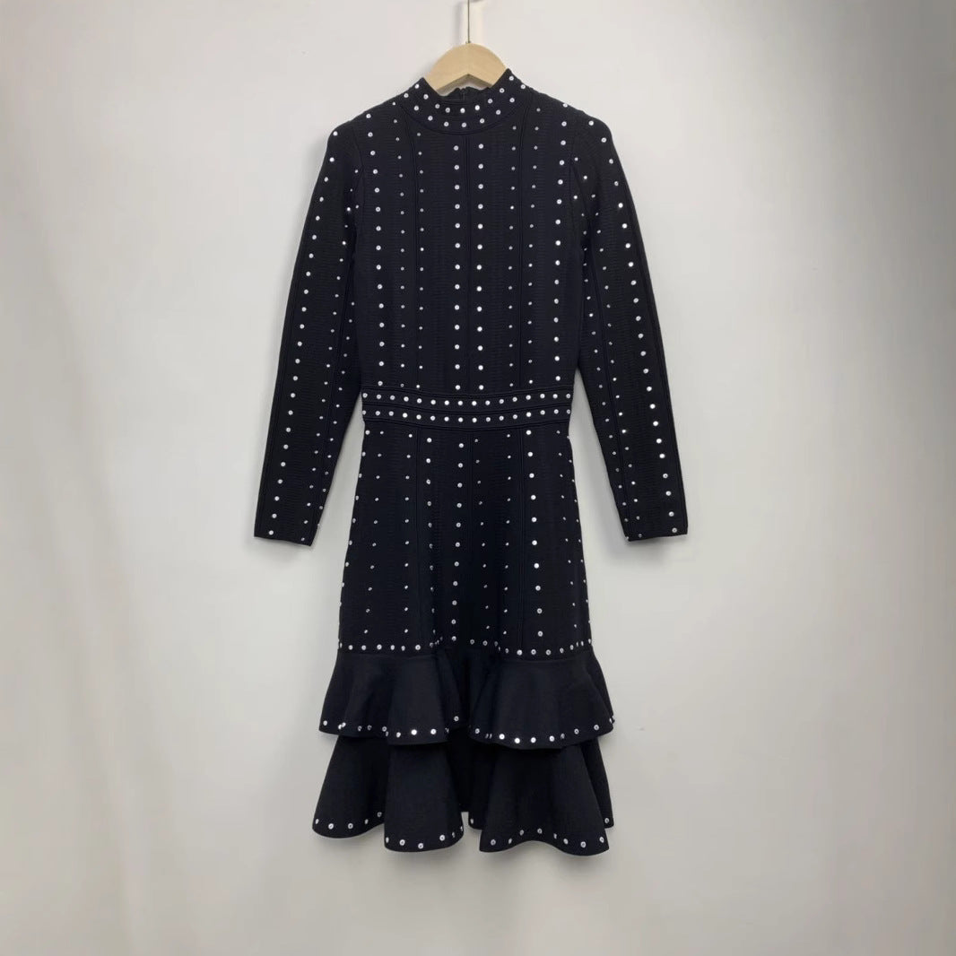 Sequined Ruffles Waist Trimming Knitted Dress