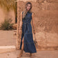 European And American Blue Sleeveless With Waist Lace-up Design Imitation Denim Material