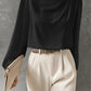 Solid Color Pleated Women's T-shirt Elegant Pullover Satin Top Commute Style Long Sleeve Top
