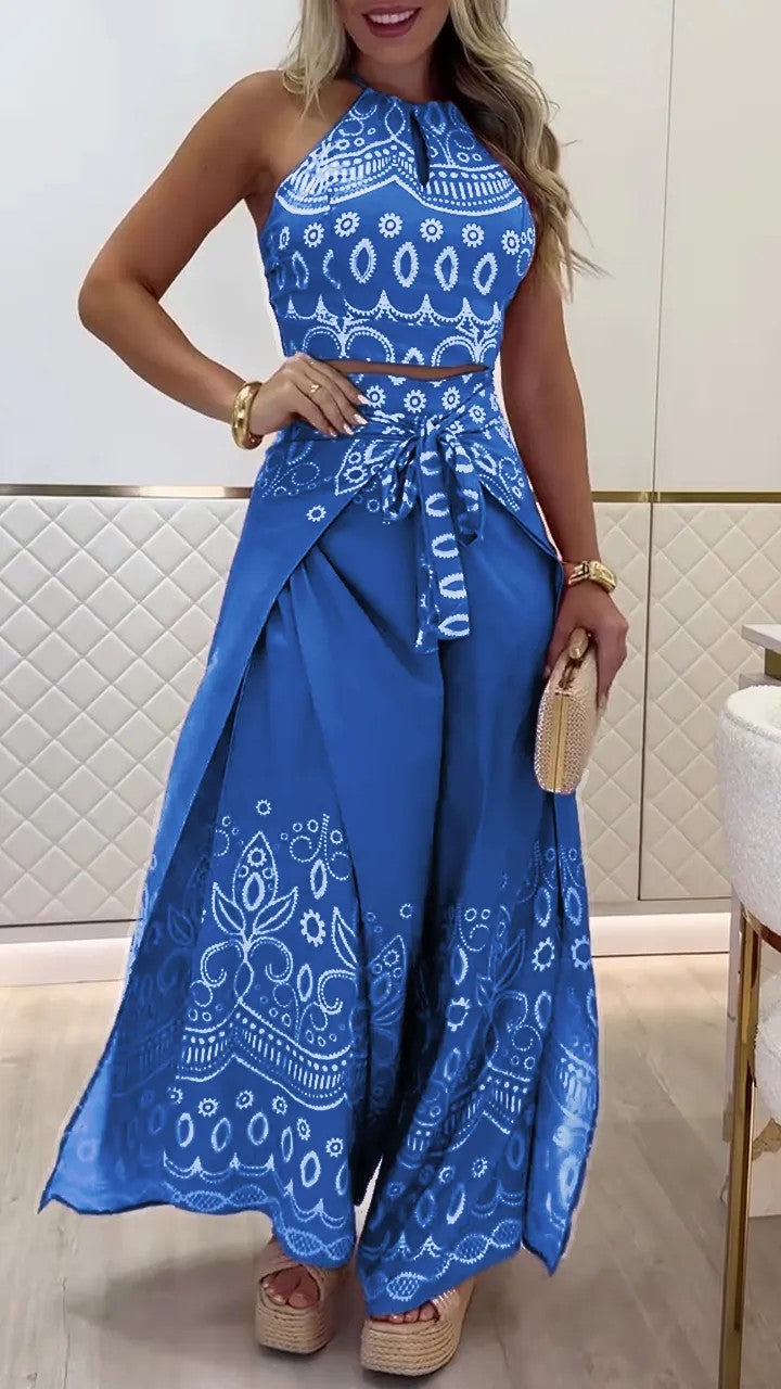 Ethnic Style Halter Top Wide Leg Pants Suit