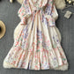 Elegant Retro Lantern Long Sleeve Waist Trimming Printing French Suit Long Dress
