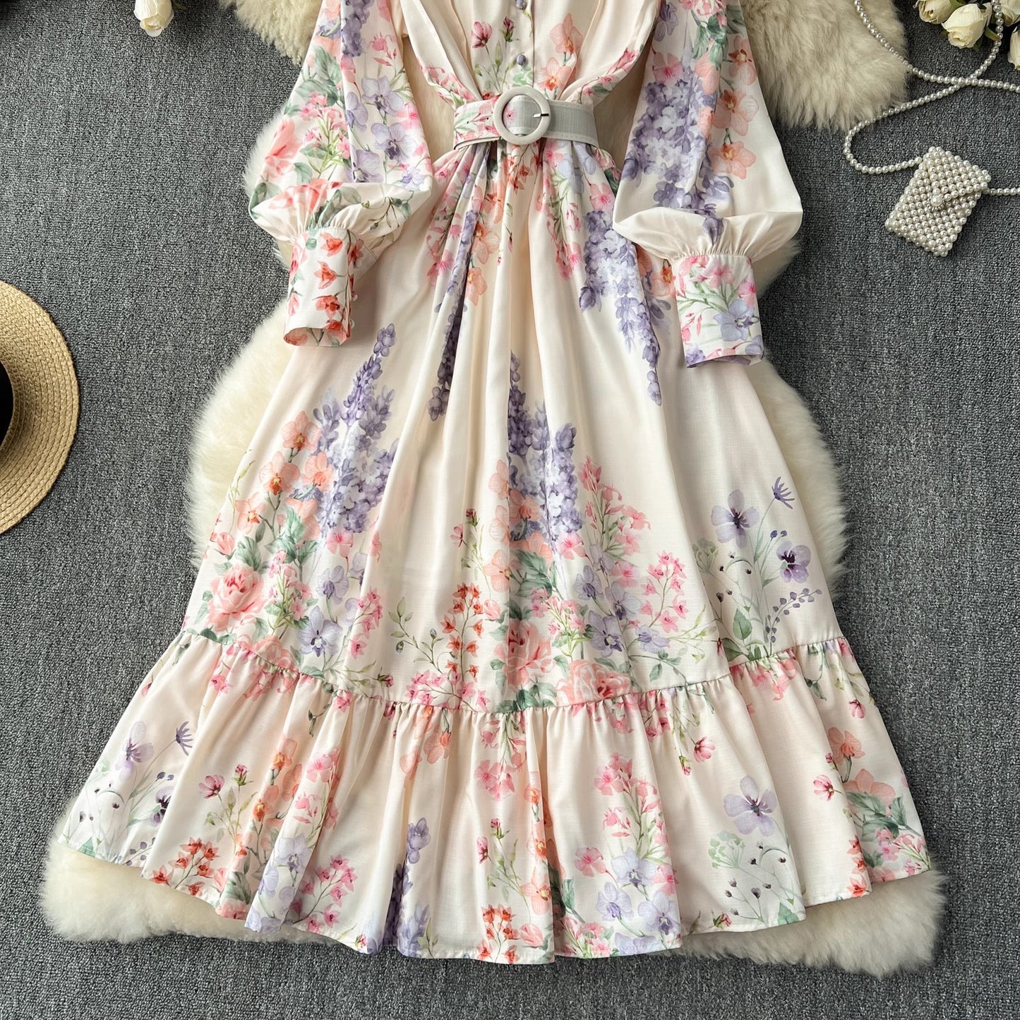 Elegant Retro Lantern Long Sleeve Waist Trimming Printing French Suit Long Dress