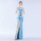 Female Solid Color Satin Off-shoulder Long Evening Dress