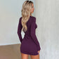 Deep V Hollow-out Long Sleeve Pleated Waist-tight Hip-wrapped Skirt Dress