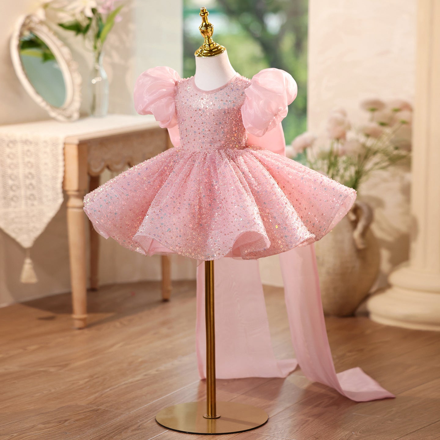 Children's Sequined Formal Dress Puff Sleeve Flower Girl Wedding Princess Dress