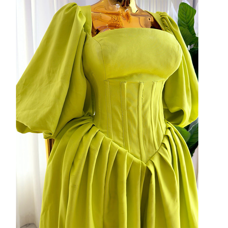 Women's Square Collar Waist Girdling Band Lantern Sleeve A- Line Dress