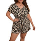 V-neck Leopard Print Short Sleeve Lace-up One-piece Shorts