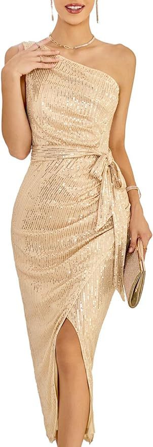 Robe fendue à paillettes sans manches et à une épaule pour femme
