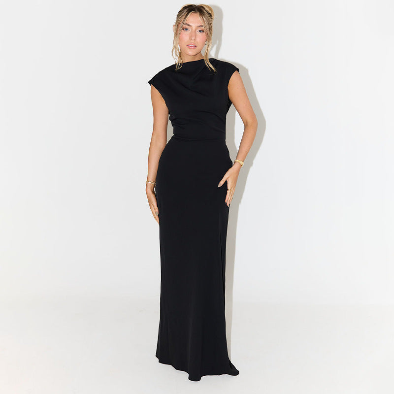 Women's New Solid Color Round Neck Sleeveless Backless Lace Up Dress