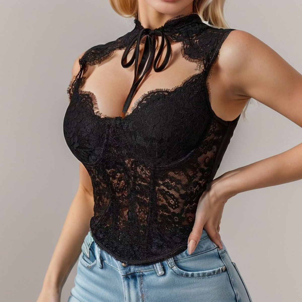 European And American Style Lace Stitching Fishbone Vest