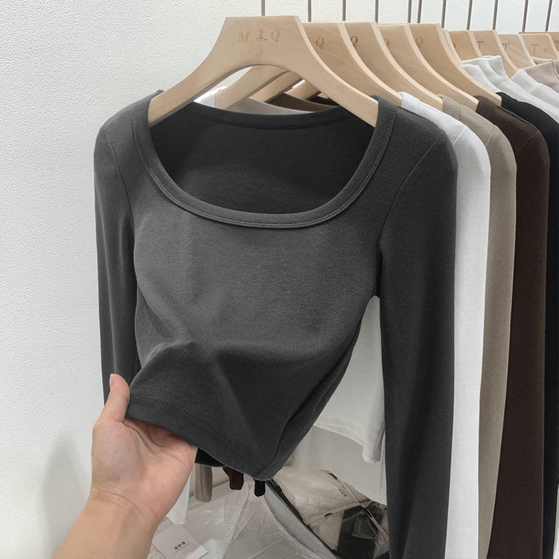 Solid Color Square Collar Bottoming Shirt Long Sleeve