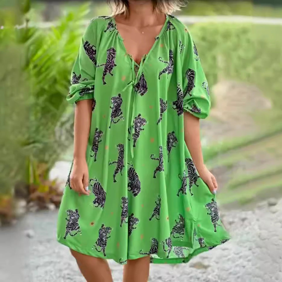 Women's V-neck Short Sleeve Printed Loose Casual Plus Size Dress
