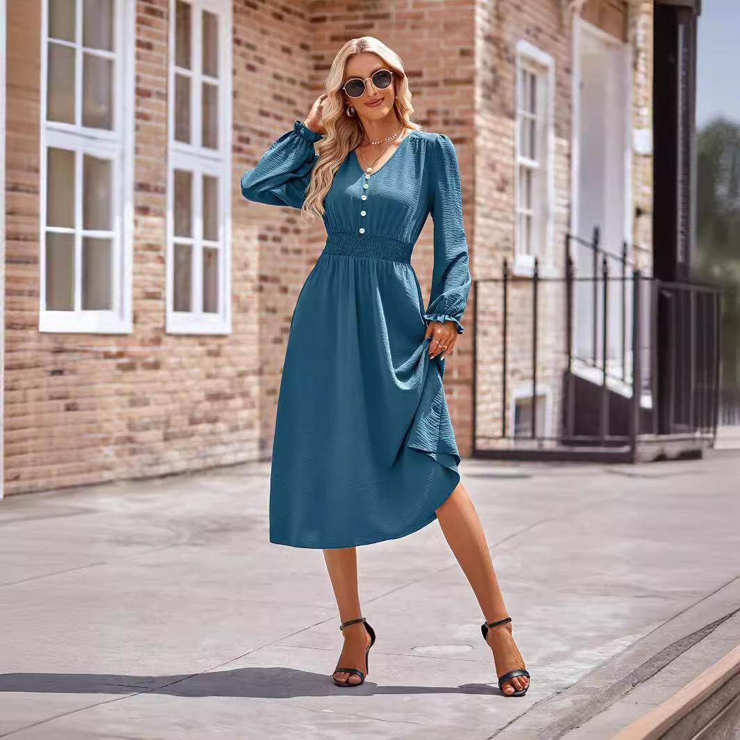 Robe mi-longue unie à col en V et taille serrée pour femme, automne et hiver