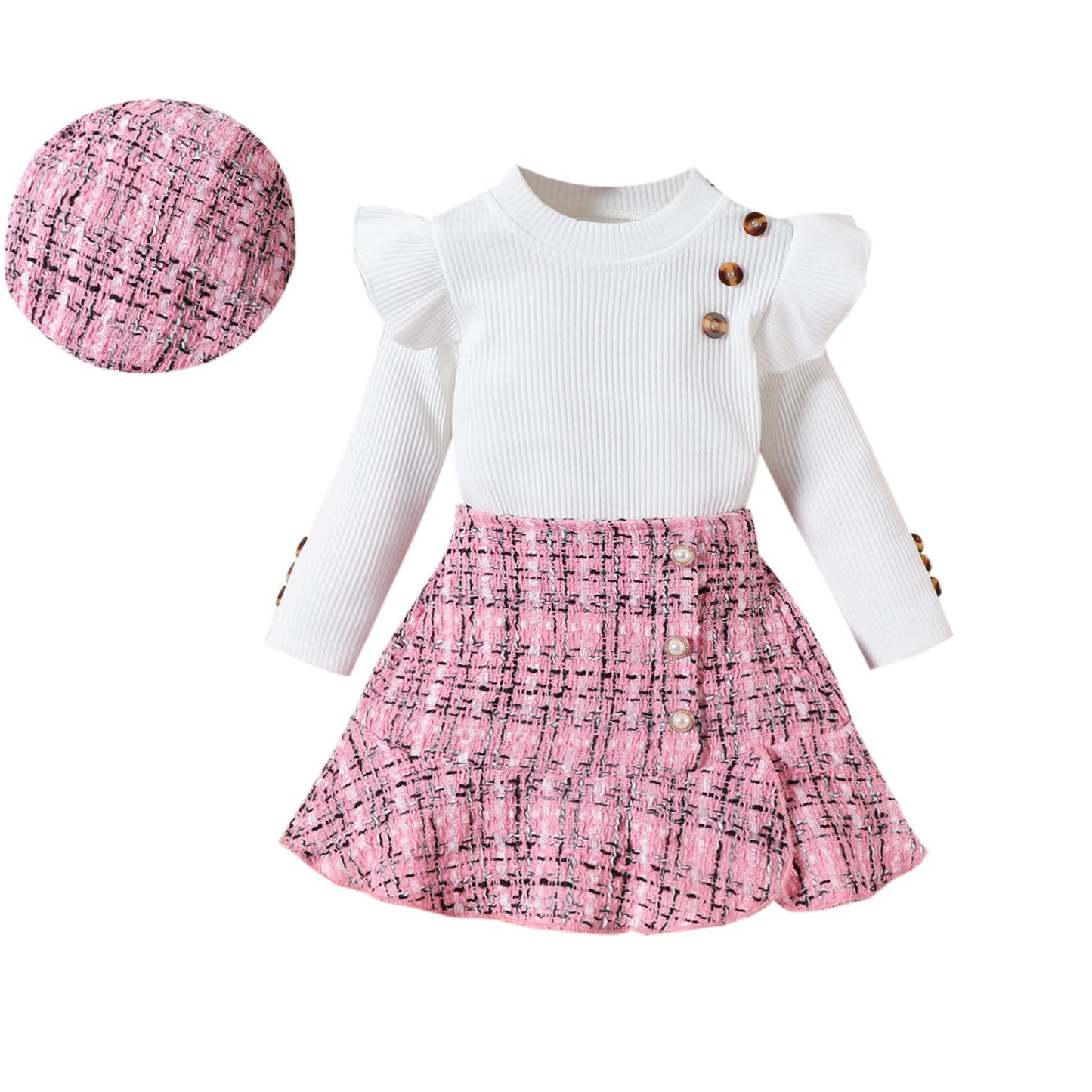 Haut à manches longues et volants à rayures enfoncées, jupe à carreaux en queue de poisson, chapeau, costume tendance pour fille