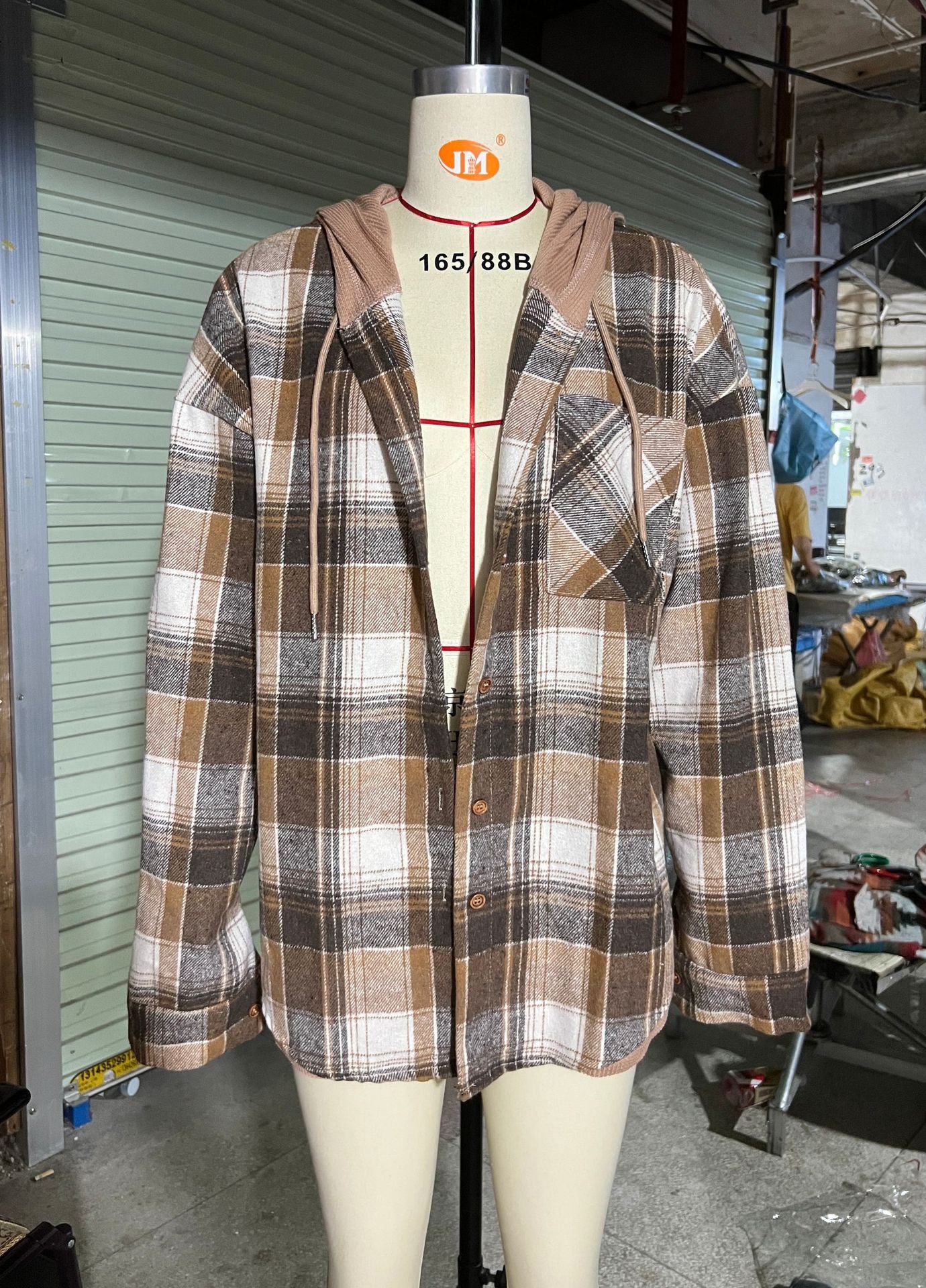 Women's Hooded Spliced Plaid Blouse Woolen Coat