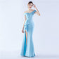 Female Solid Color Satin Off-shoulder Long Evening Dress