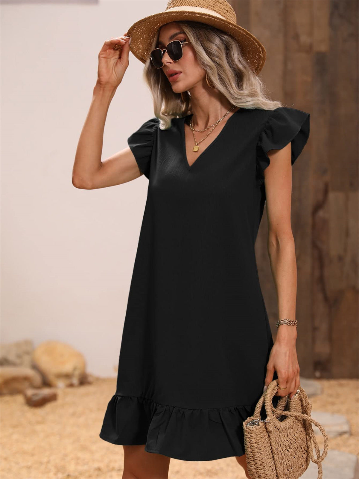 Women's V-neck Ruffle Loose Waist Short Sleeve Dress