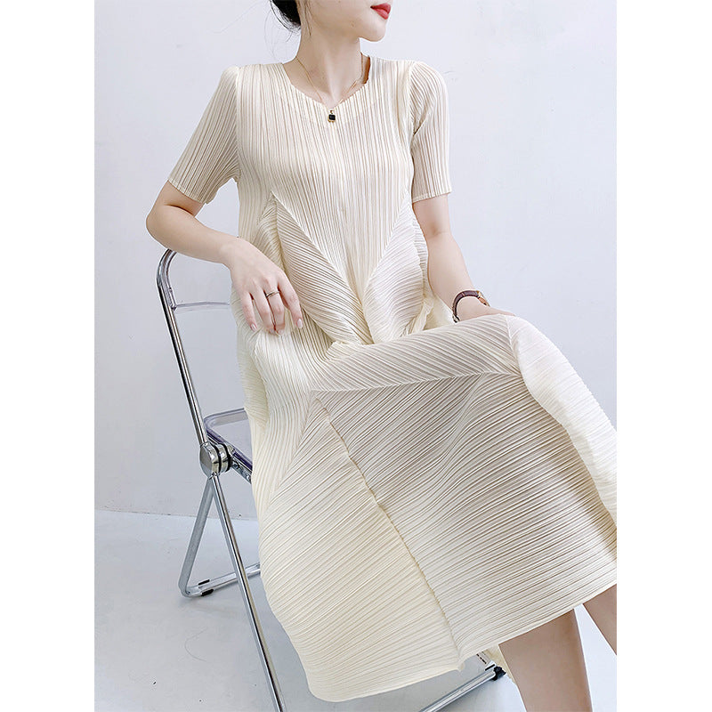 Robe plissée à manches courtes pour femme de style français
