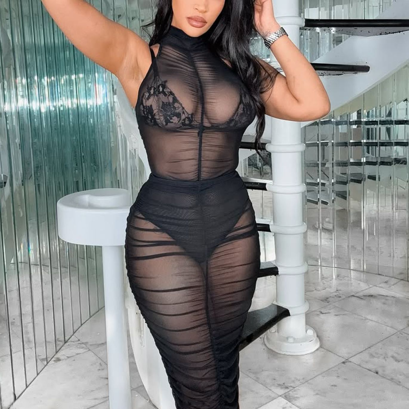 European And American Women's Clothing New Mesh See-through Sleeveless Leotard Pleated Skirt Two-piece Suit
