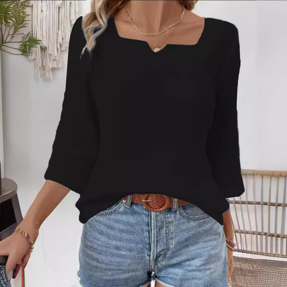 Women's Autumn Simplicity Solid Color Long-sleeved V-neck Top