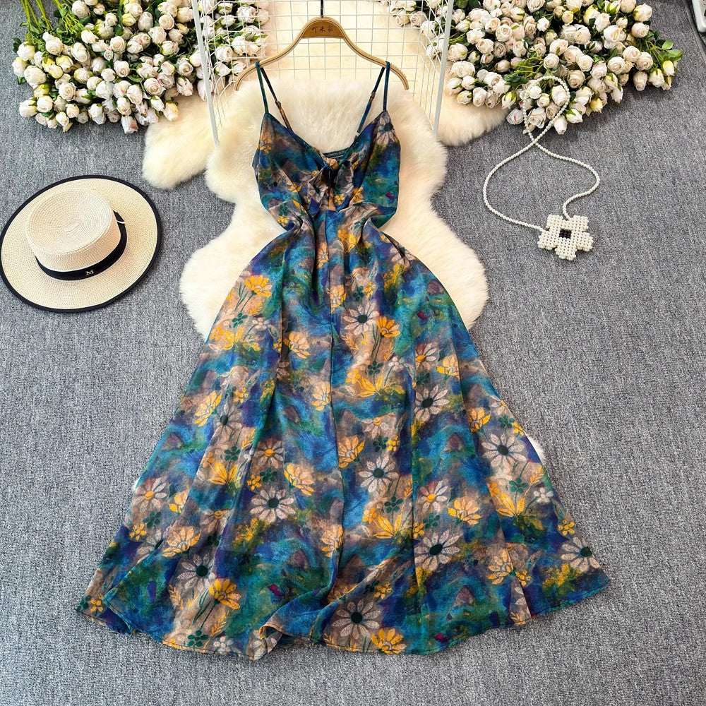 Colorful Flora V-neck Strap Dress Women