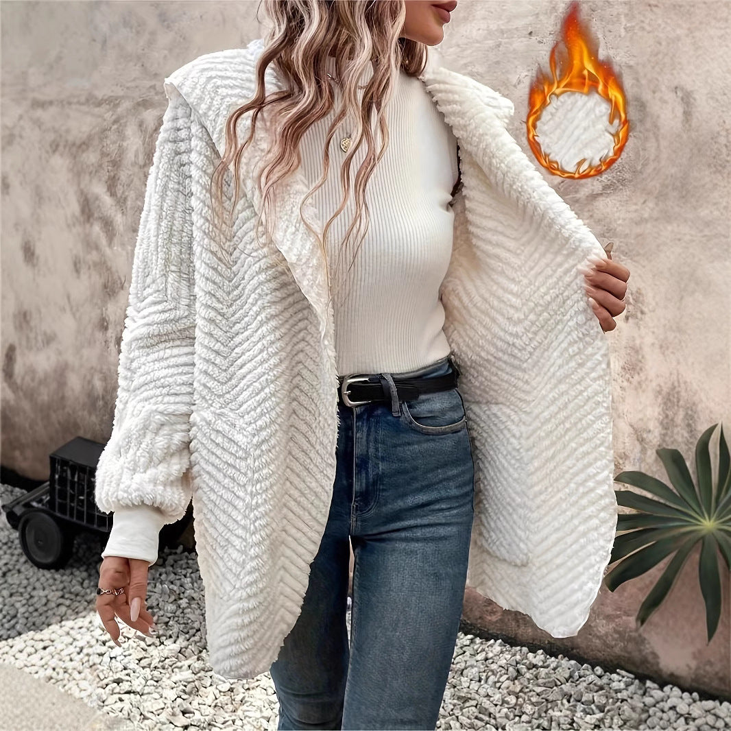 Cardigan à capuche en velours double face à motif ondulé décontracté