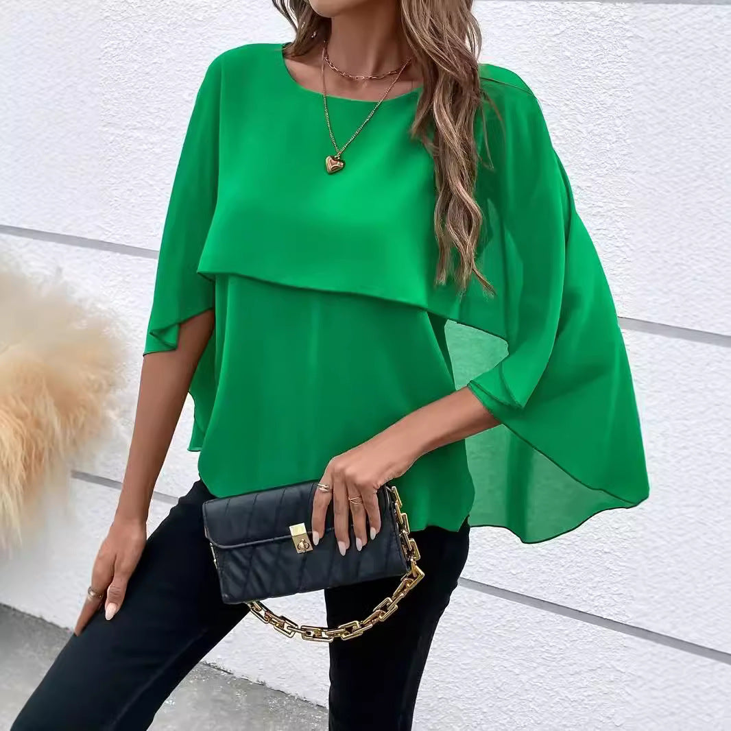Women's All-match Round Neck Solid Color Layered Cape Sleeve Chiffon Shirt