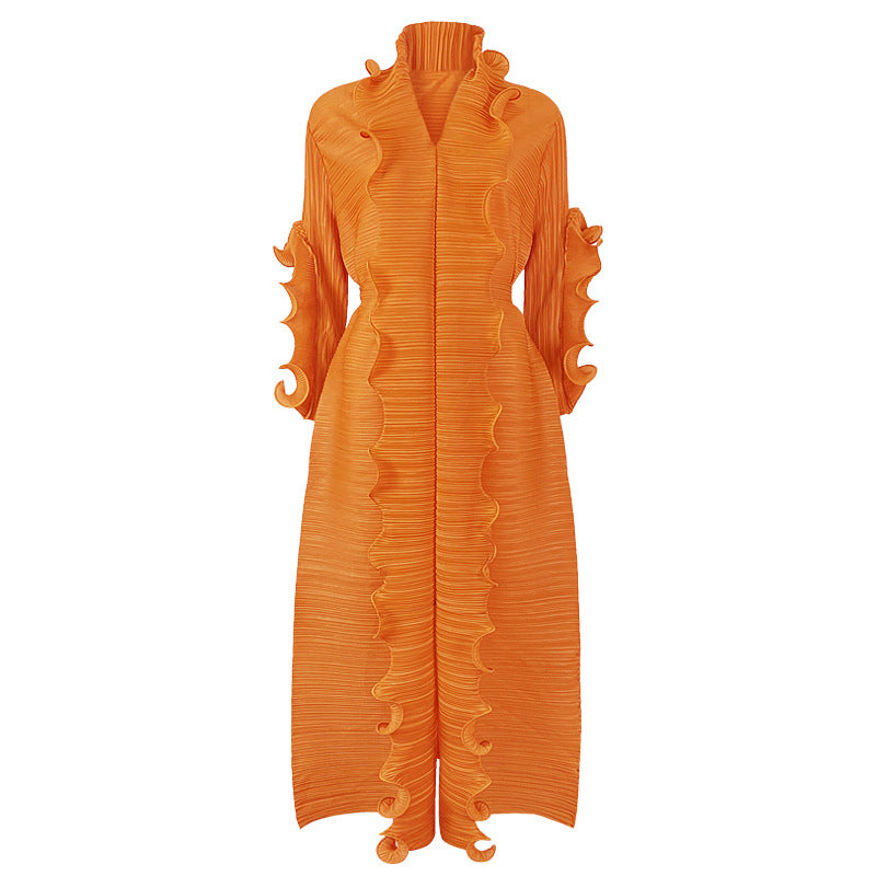 Jupe plissée à volants et manches longues pour femme, couleur unie