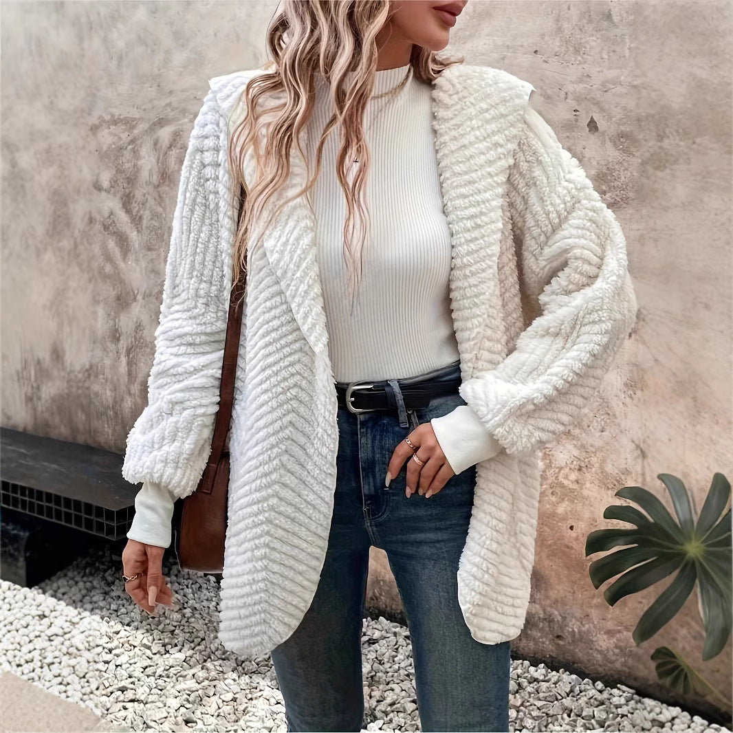 Cardigan à capuche en velours double face à motif ondulé décontracté