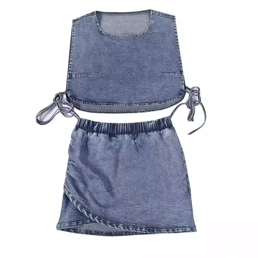 Denim Style Vest Short Skirt Stretch Two-piece Suit Denim Women's Wear
