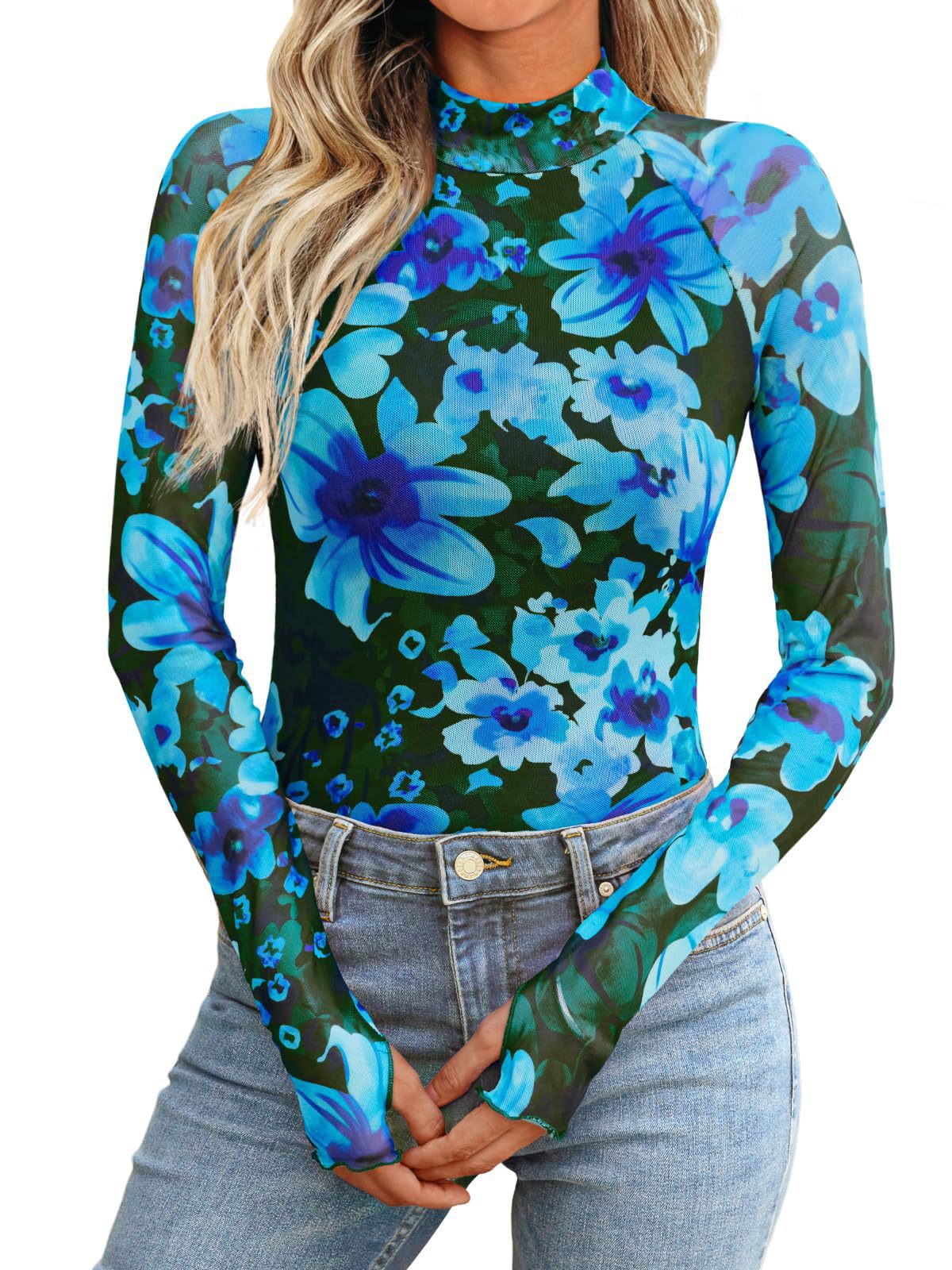 New Mesh Printed Tape Thumb Hole Turtleneck Long Sleeve Bottoming Shirt