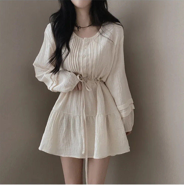 Pleated Design Small Lace-up Waist-controlled Slimming Dress