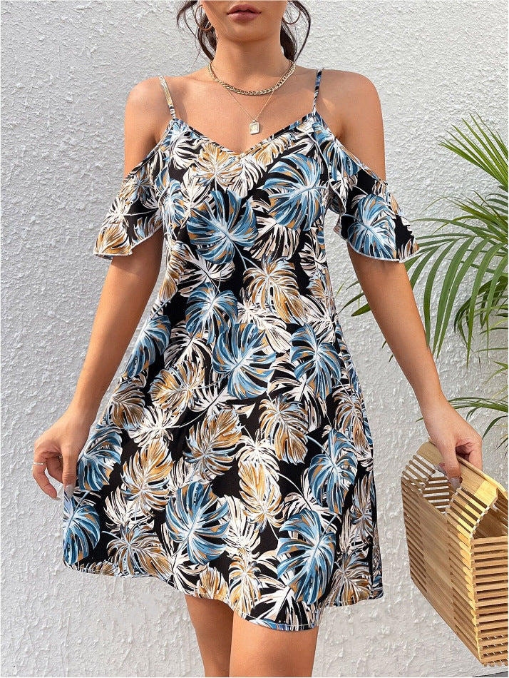 Casual Printing Short Sleeve Strappy Dress