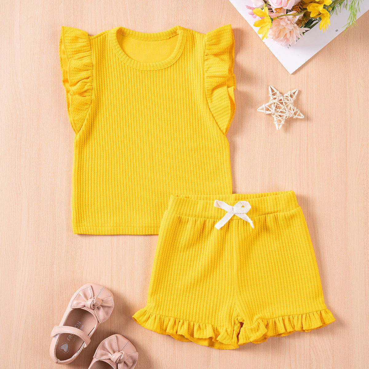 Ensembles d'été pour filles, couleur unie, décontractés, manches volantées, shorts