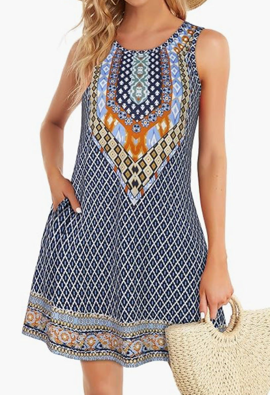 Women's Vest Dress Round Neck Sleeveless 3D Printing