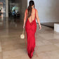 Rose U-shaped Collar Pleated Lace-up Long Dress