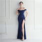 Female Solid Color Off Shoulder One Neck Slit Dress