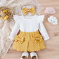 Ensemble trois pièces pour bébé et tout-petit, robe courte en dentelle avec nœud papillon et coiffe